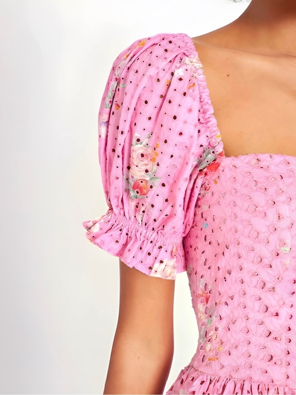 LoveShackFancy Altima Puff Sleeve Eyelet Pink Floral Mini Dress Sz S $395 - Picture 2 of 11